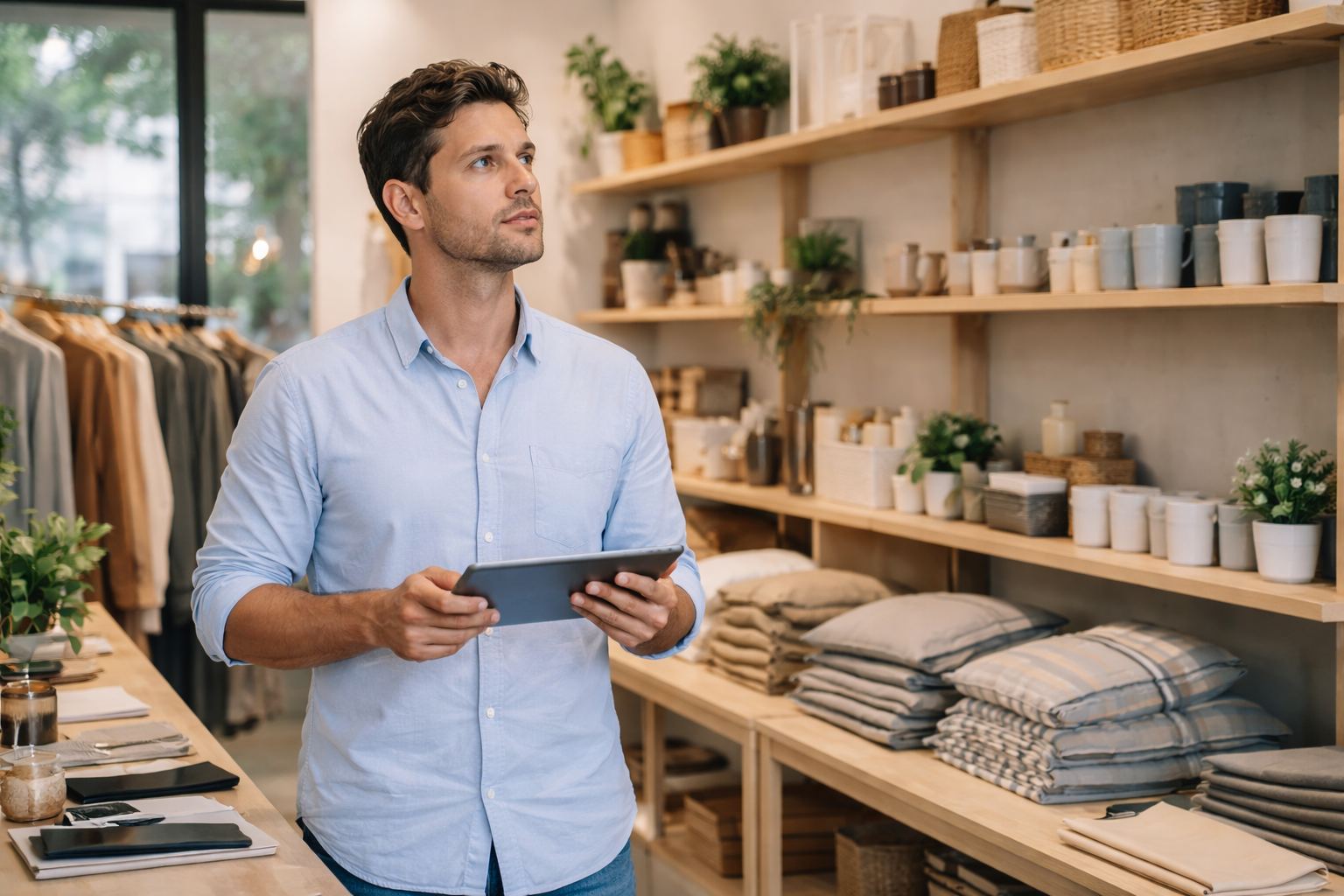 בעל עסק קטן בחנות בוחן את העומס הפיננסי