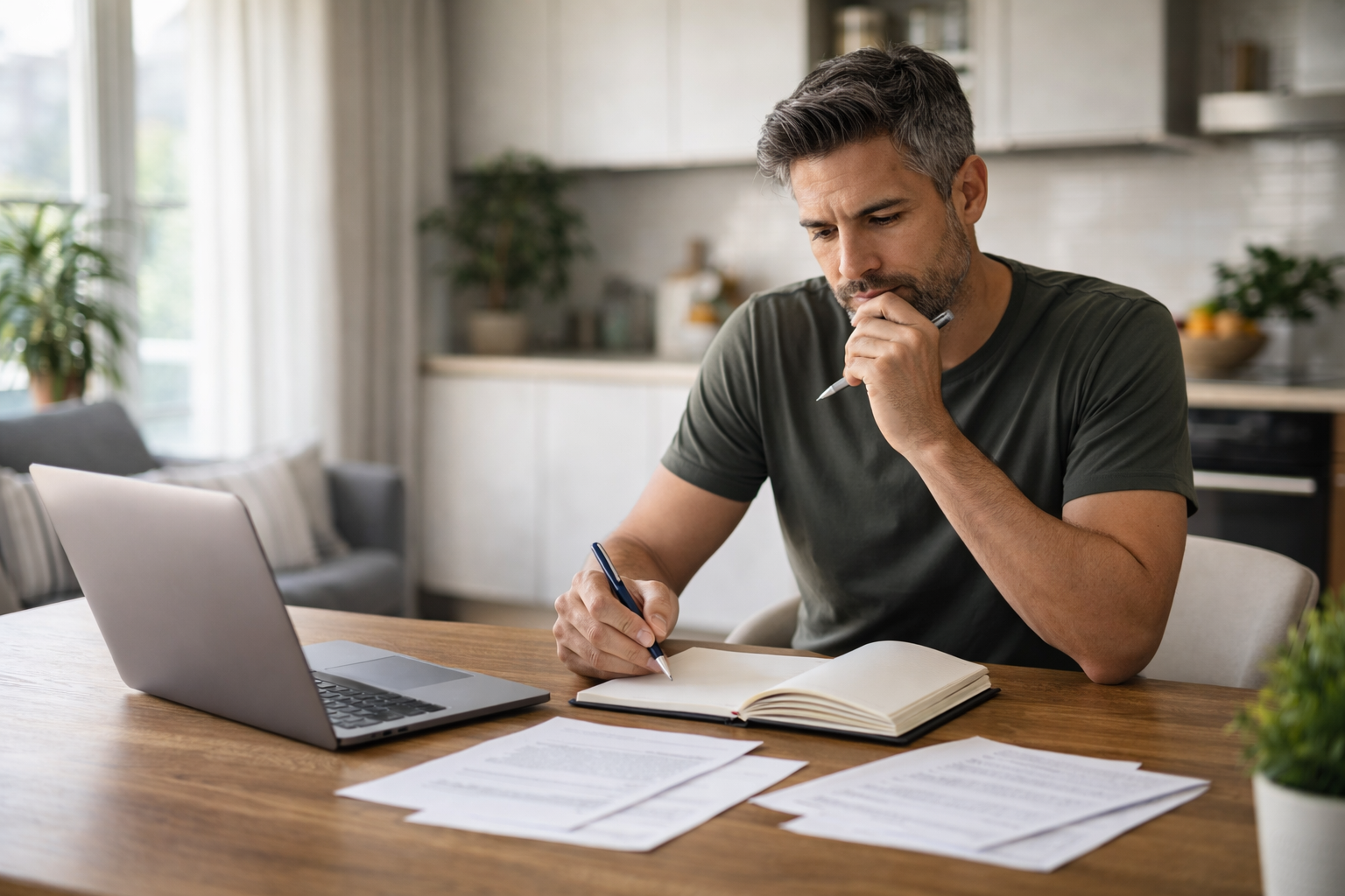 גבר בוחן אפשרויות למחזור משכנתא ורושם לעצמו הערות