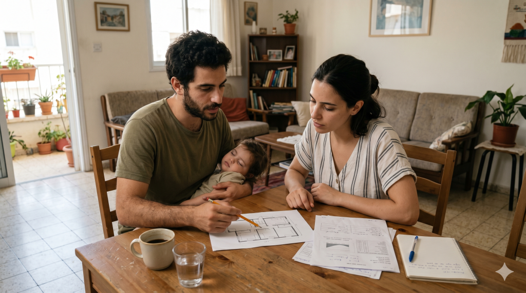 משפחה צעירה מתכננת רכישת דירה במחיר למשתכן